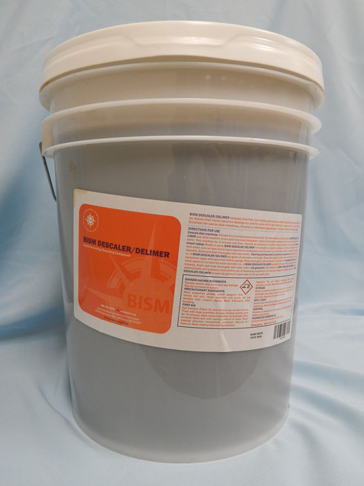 opaque bucket, white lid, orange label - BISM DESCALER/DELIMER